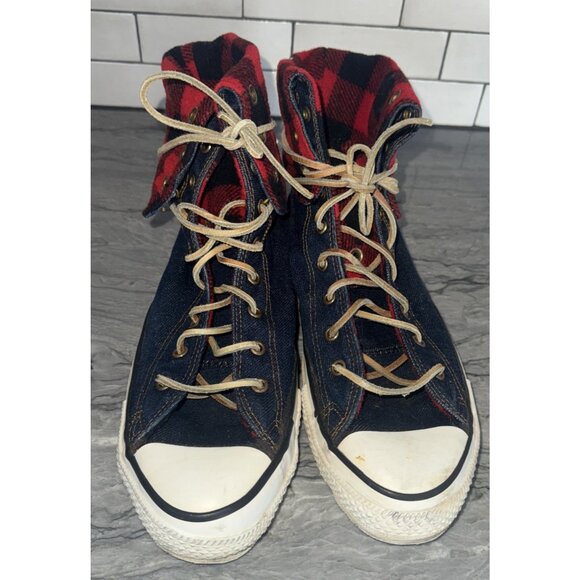 Converse Mens 9.5 Vintage NeeHi Tall High USA Made Denim Fold Over Plaid Sneaker - Picture 4 of 10